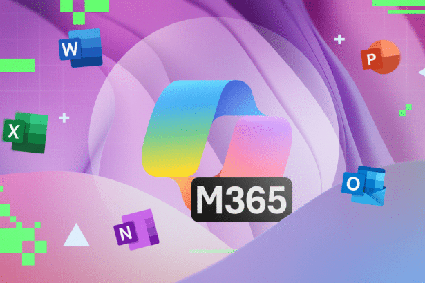 A vibrant, professionally enhanced image featuring the Microsoft 365 logo prominently in the center, surrounded by floating icons of Microsoft Word, Excel, PowerPoint, Outlook, and OneNote. The background is a dynamic blend of purple and pink hues with abstract shapes and subtle grid patterns, maintaining a clean and modern aesthetic.