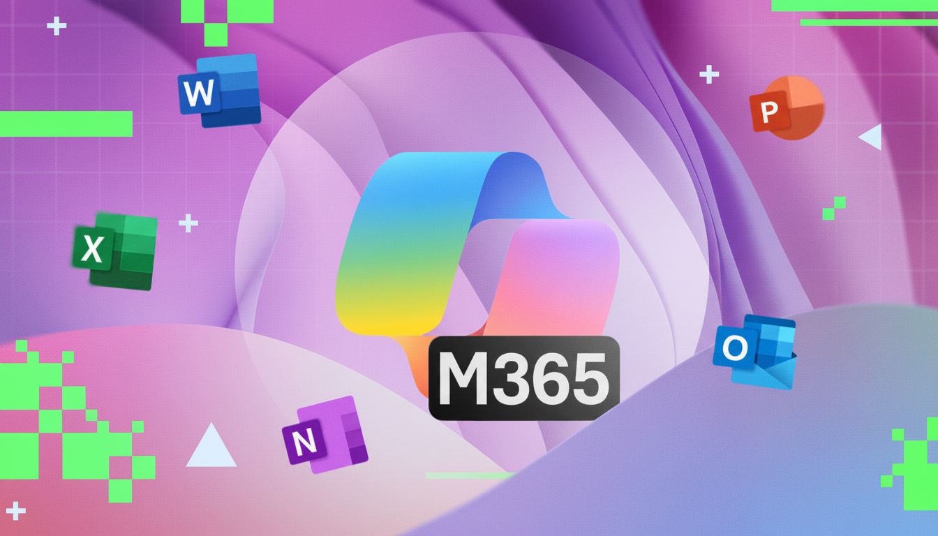 A vibrant, professionally enhanced image featuring the Microsoft 365 logo prominently in the center, surrounded by floating icons of Microsoft Word, Excel, PowerPoint, Outlook, and OneNote. The background is a dynamic blend of purple and pink hues with abstract shapes and subtle grid patterns, maintaining a clean and modern aesthetic.