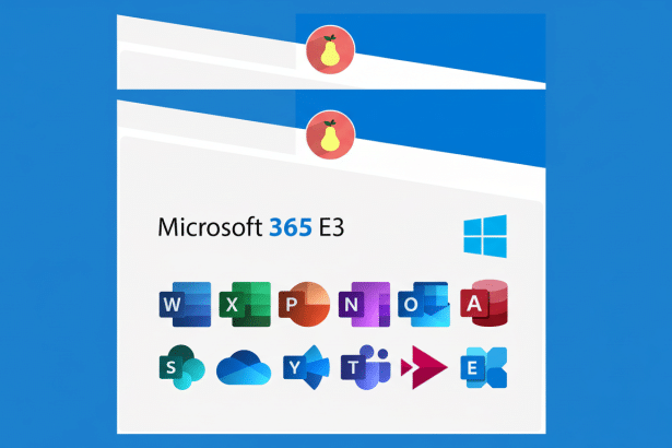 A banner displaying Microsoft 3 65 E3 with logos of various Microsoft applications such as Word, Excel, PowerPoint, One Note, Outlook, Access, SharePoint , OneDrive, Yam mer , Teams, Stream , and Exchange, set against a blue and white background with a pear icon.