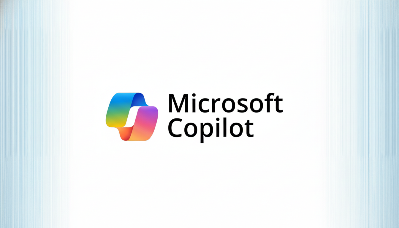 The Microsoft Copilot logo and text on a white background with subtle blue vertical lines on the sides.