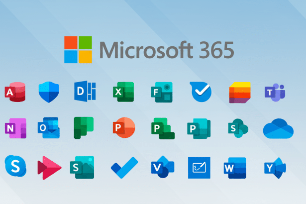 A professional display of the Microsoft 365 logo and 24 associated application icons arranged in rows, set against a subtle blue gradient background.