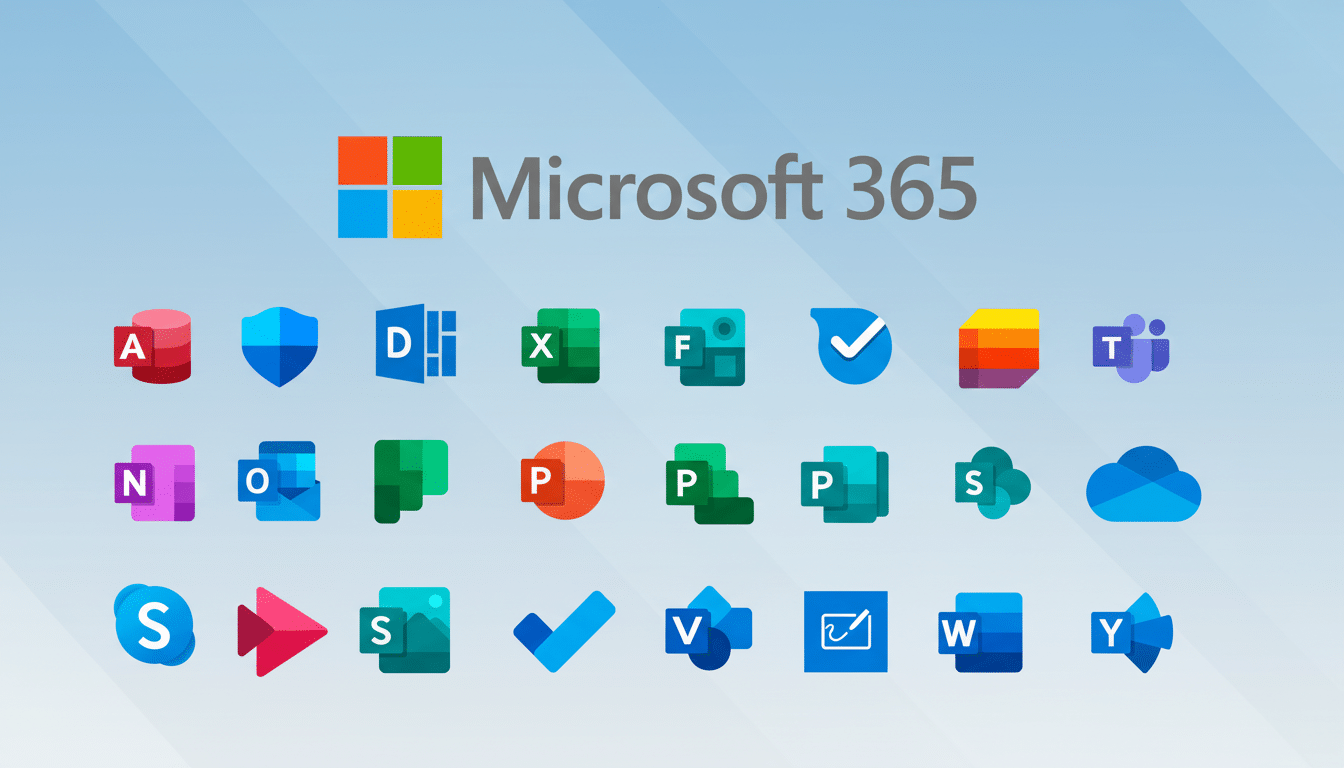 A professional display of the Microsoft 365 logo and 24 associated application icons arranged in rows, set against a subtle blue gradient background.
