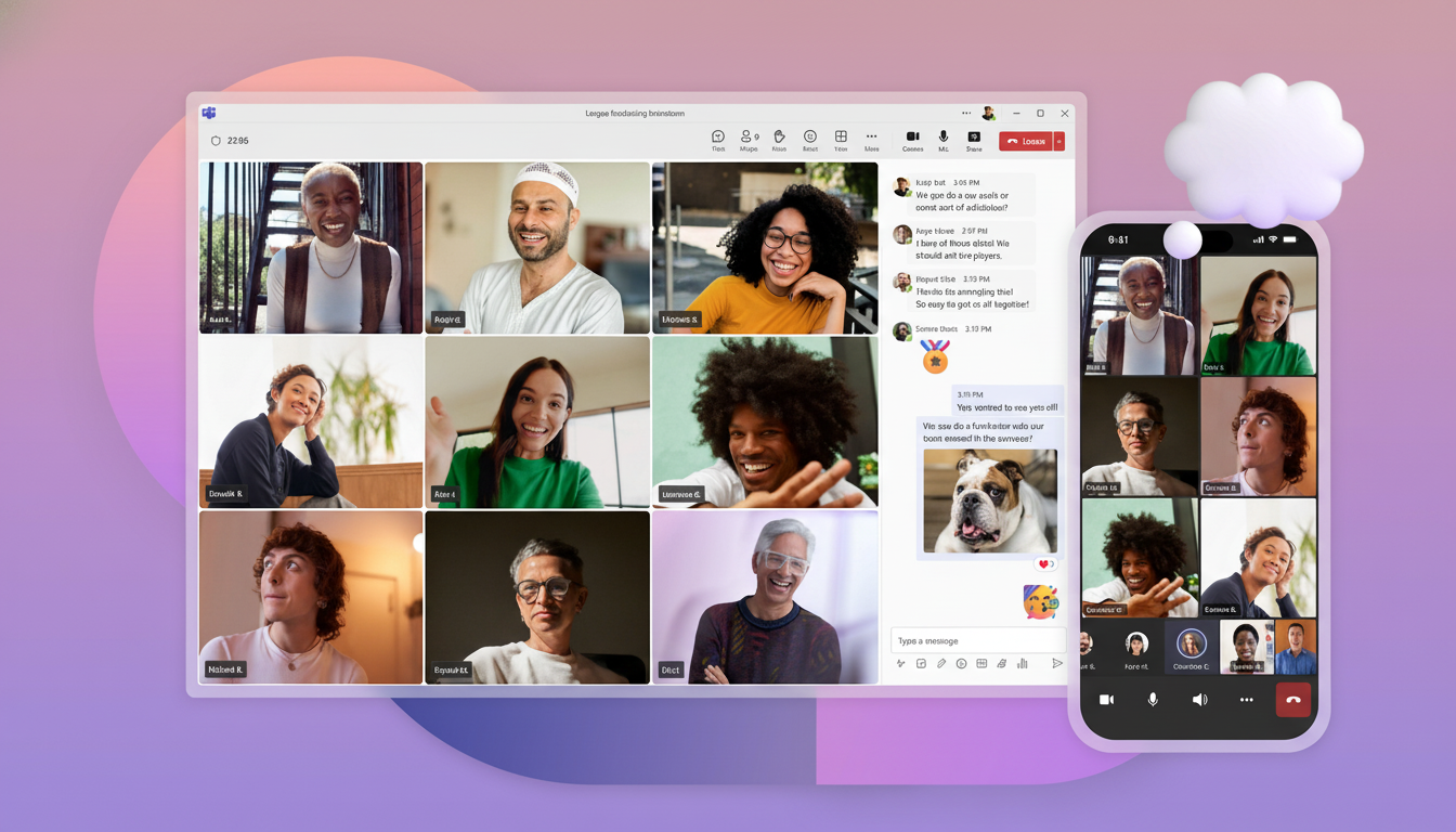 A desktop video conferencing application displaying a grid of diverse participants, with a mobile phone showing a similar video call interface next to it.