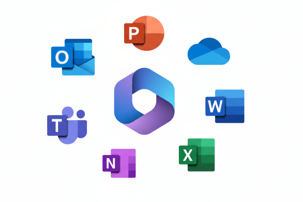 ** A collage of Microsoft 365 application icons, including Outlook , PowerPoint, OneDrive , Word, Excel , One Note, and Teams , surrounding the central Microsoft 36 5 logo on a white background. **