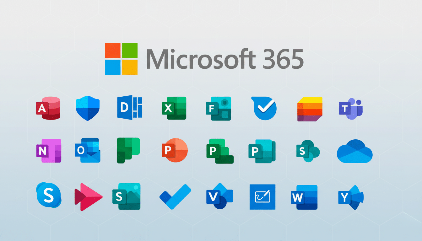 Microsoft 365 logo with a collection of its application icons, presented on a professional flat design background with soft patterns and gradients.