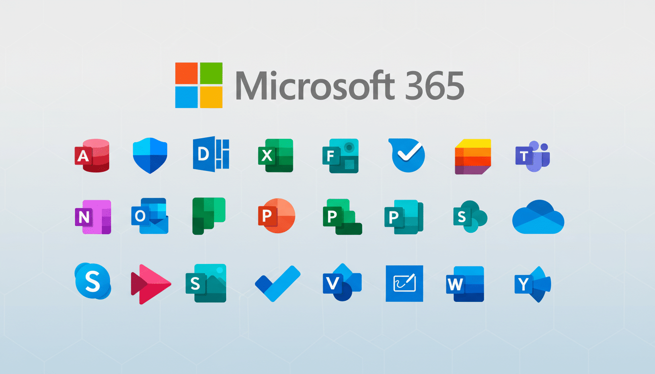 Microsoft 365 logo and a collection of its application icons, presented professionally on a light gray background with a subtle geometric pattern.