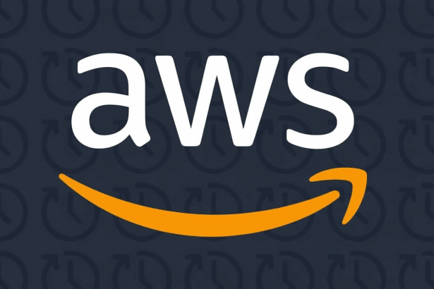 The AWS logo, featuring aws in white letters with the Amazon smile logo underneath , on a dark blue background with faint clock icons .