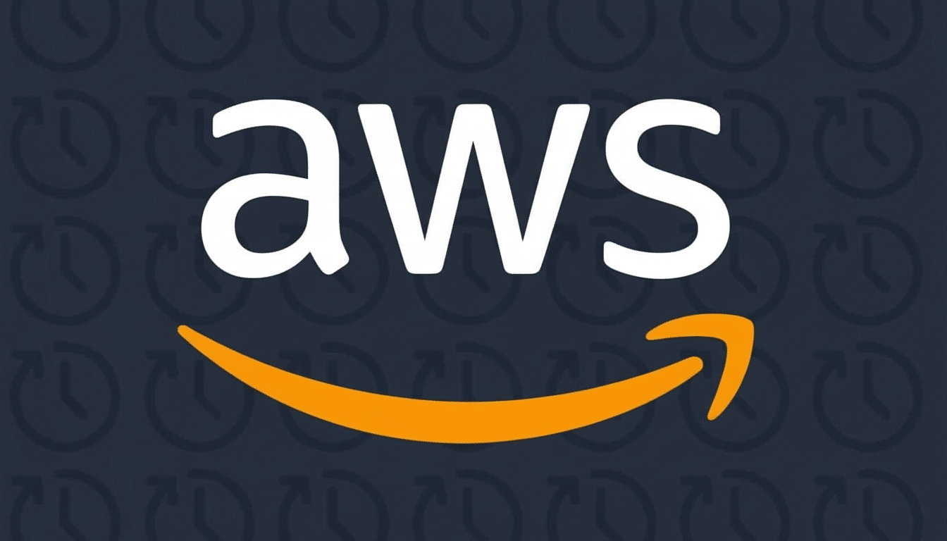 The AWS logo, featuring aws in white letters with the Amazon smile logo underneath , on a dark blue background with faint clock icons .