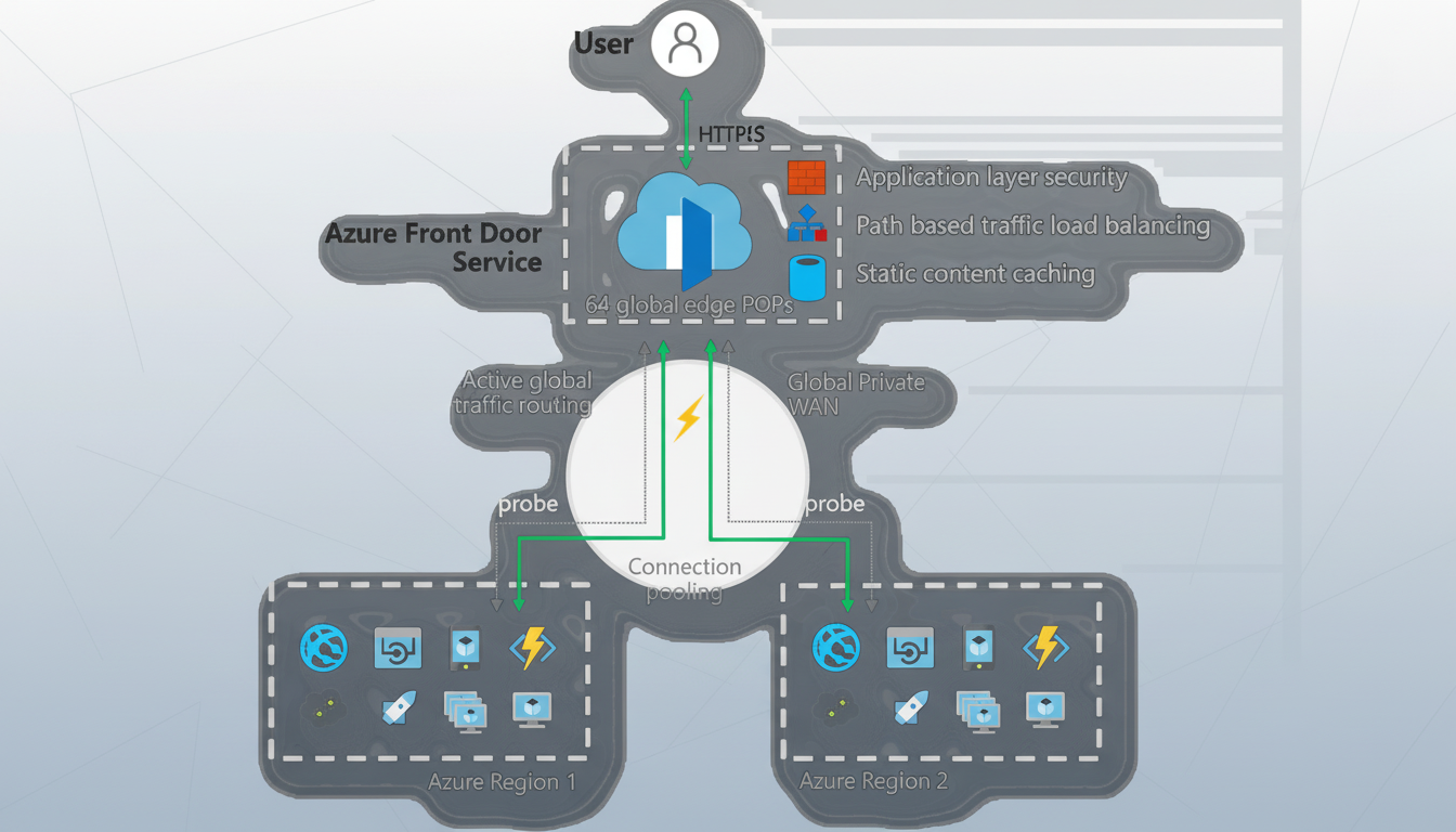 A diagram illustrating the Azure Front Door Service architecture, showing a user connecting via HTTPS to the service, which then routes traffic to Azure Region 1 and Azure Region 2 through connection pooling and global traffic routing.