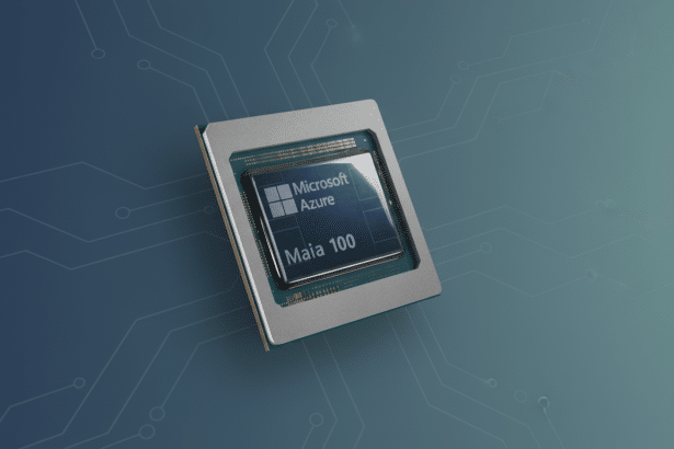 A Microsoft Azure Maia 1 00 AI accelerator chip, resized to a 16: 9 aspect ratio, is centered on a professional flat background with subtle circuit bo
