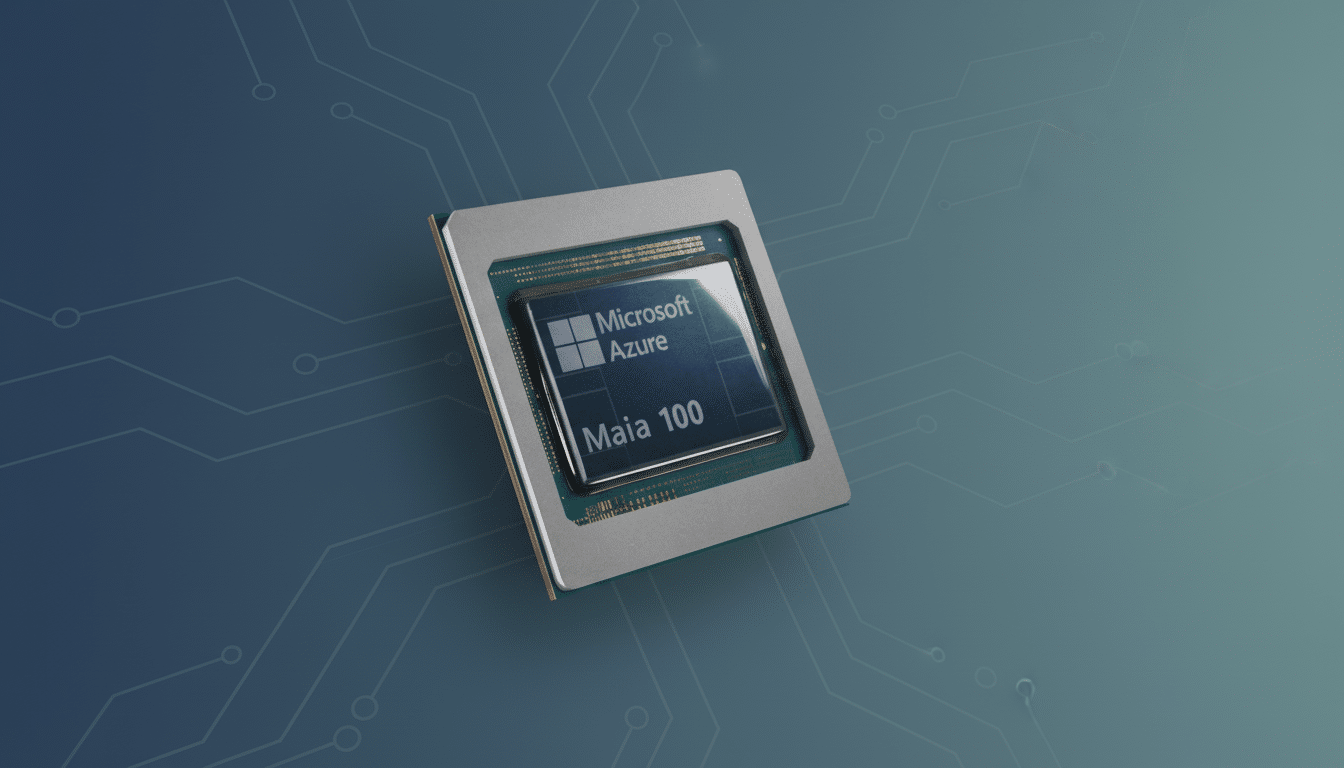 A Microsoft Azure Maia 1 00 AI accelerator chip, resized to a 16: 9 aspect ratio, is centered on a professional flat background with subtle circuit bo