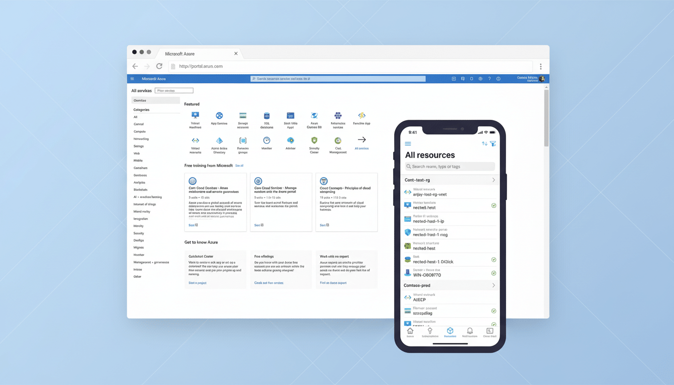 A professional desktop interface of Microsoft Azure s cloud services alongside a mobile view of All resources in a clean, professional presentation.