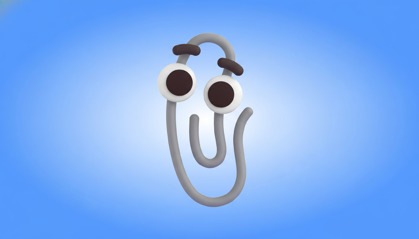 A 3D cartoon paperclip character with large eyes and eyebrows, set against a blue gradient background, resized to a 16:9 aspect ratio.
