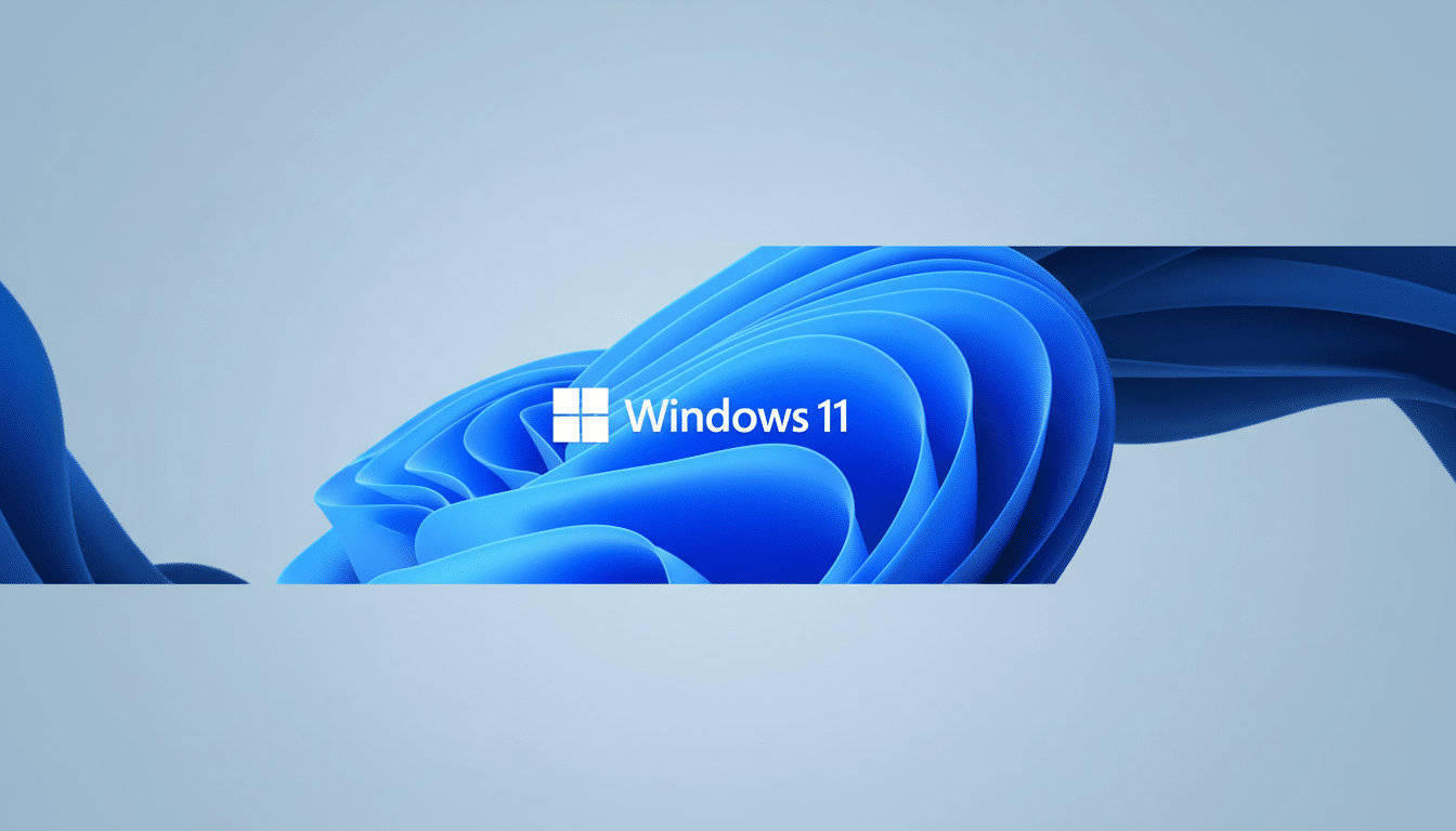 alt text: Windows 11 logo and text against a blue abstract background, resized to a 16: 9 aspect