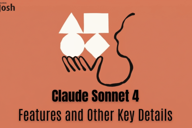 An image with an orange background, featuring the Jag ran Josh logo in the top left corner . In the center, a stylized black outline of a head and hands holds white geometric shapes including a triangle, square , circle, and diamond . Below this , the text Claude Sonnet 4 Features and Other Key Details is displayed in black font .