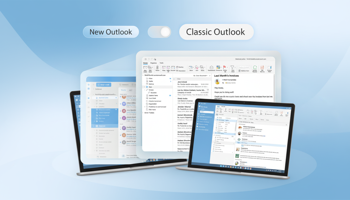 A comparison image showing New Outlook and Classic Outlook interfaces on laptop screens, set against a professional blue and white gradient background.