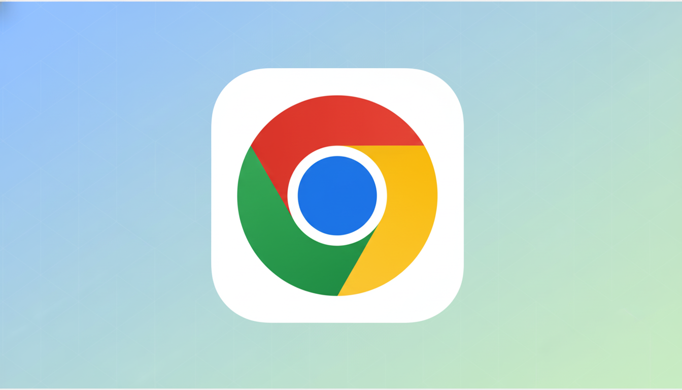 The Google Chrome app icon, featuring a red, yellow, and green circle with a blue center, set against a professional flat design background with soft blue and green gradients and subtle geometric patterns.