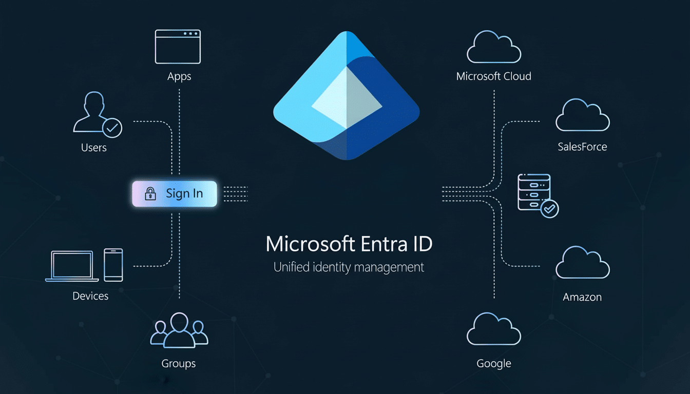 A diagram illustrating Microsoft Entra IDs unified identity management, connecting users, devices, apps, and groups to various cloud services like Mic