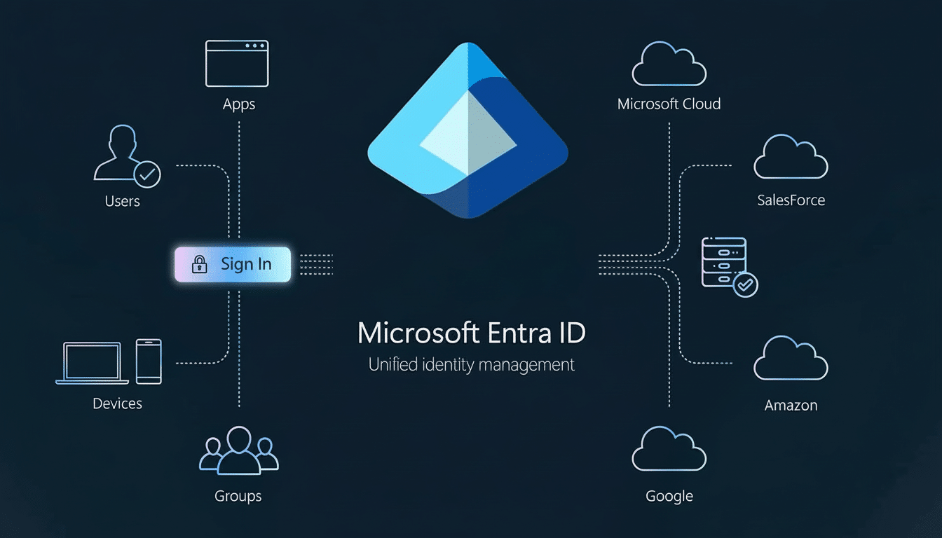 A professional diagram illustrating Microsoft Ent ra IDs unified identity management, showing connections between users, devices, apps, groups, and va