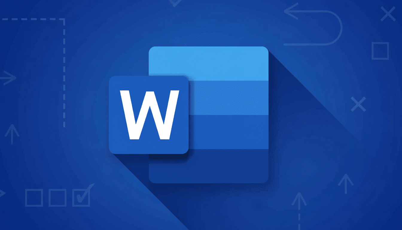 Microsoft Word icon with a blue background featuring subtle arrow and line patterns.