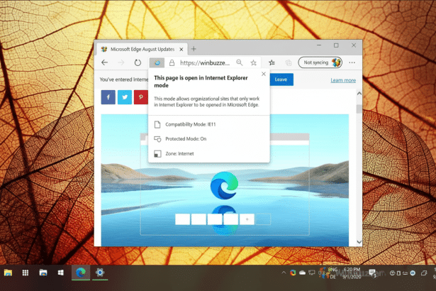 A screenshot of Microsoft Edge with a pop -up indicating a page is open in Internet Explorer mode.
