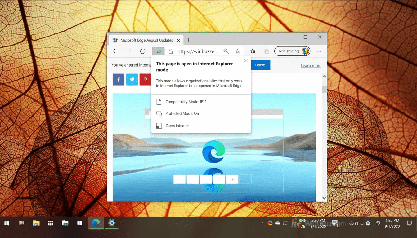 A screenshot of Microsoft Edge with a pop -up indicating a page is open in Internet Explorer mode.