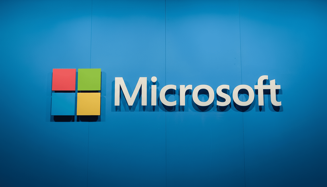 The Microsoft logo with its colorful square emblem and white text set against a vibrant blue wall.