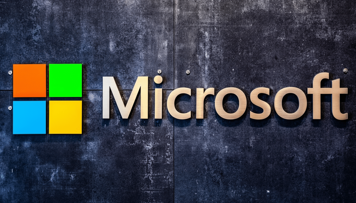 The Microsoft logo and word mark, featuring the four-pane window in orange, green, blue, and yellow, next to the company name in a light gold color, a