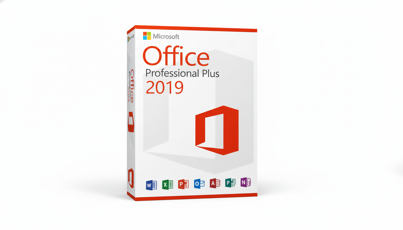 A Microsoft Office Professional Plus 2019 software box, presented on a clean white background with a subtle shadow, resized to a 16:9 aspect ratio.