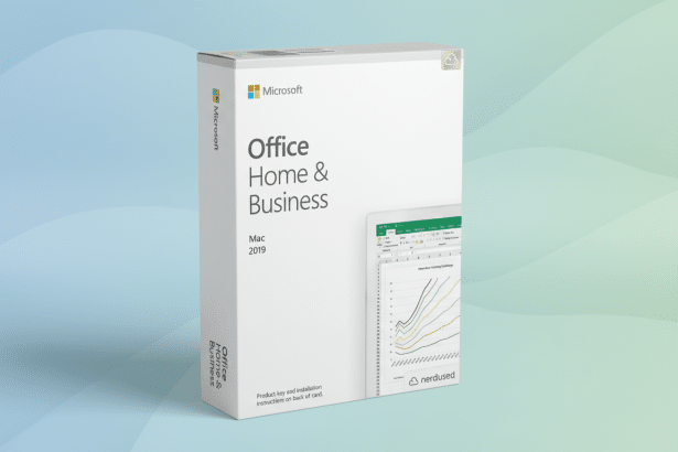 Microsoft Office Home & Business 201 9 for Mac software box at a 16: 9 aspect ratio with a professional, soft gradient background.