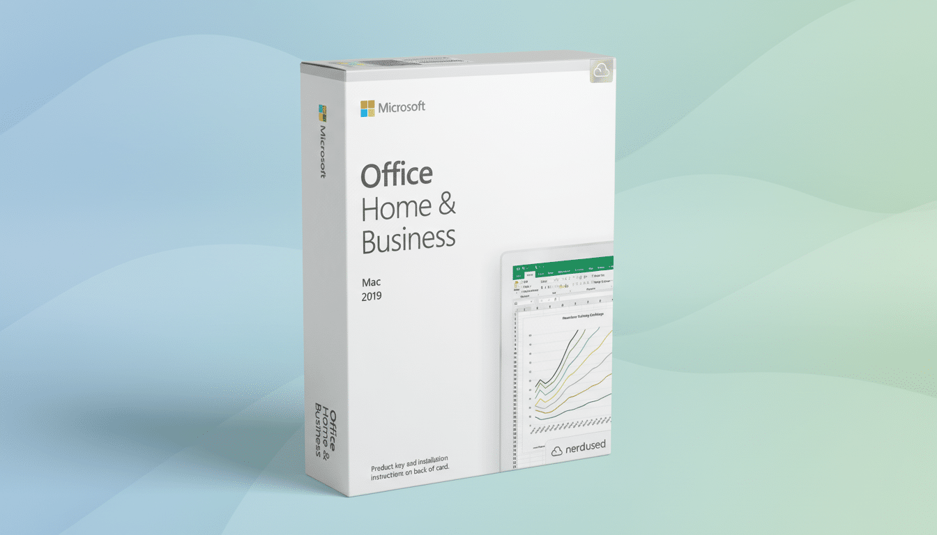 Microsoft Office Home & Business 201 9 for Mac software box at a 16: 9 aspect ratio with a professional, soft gradient background.
