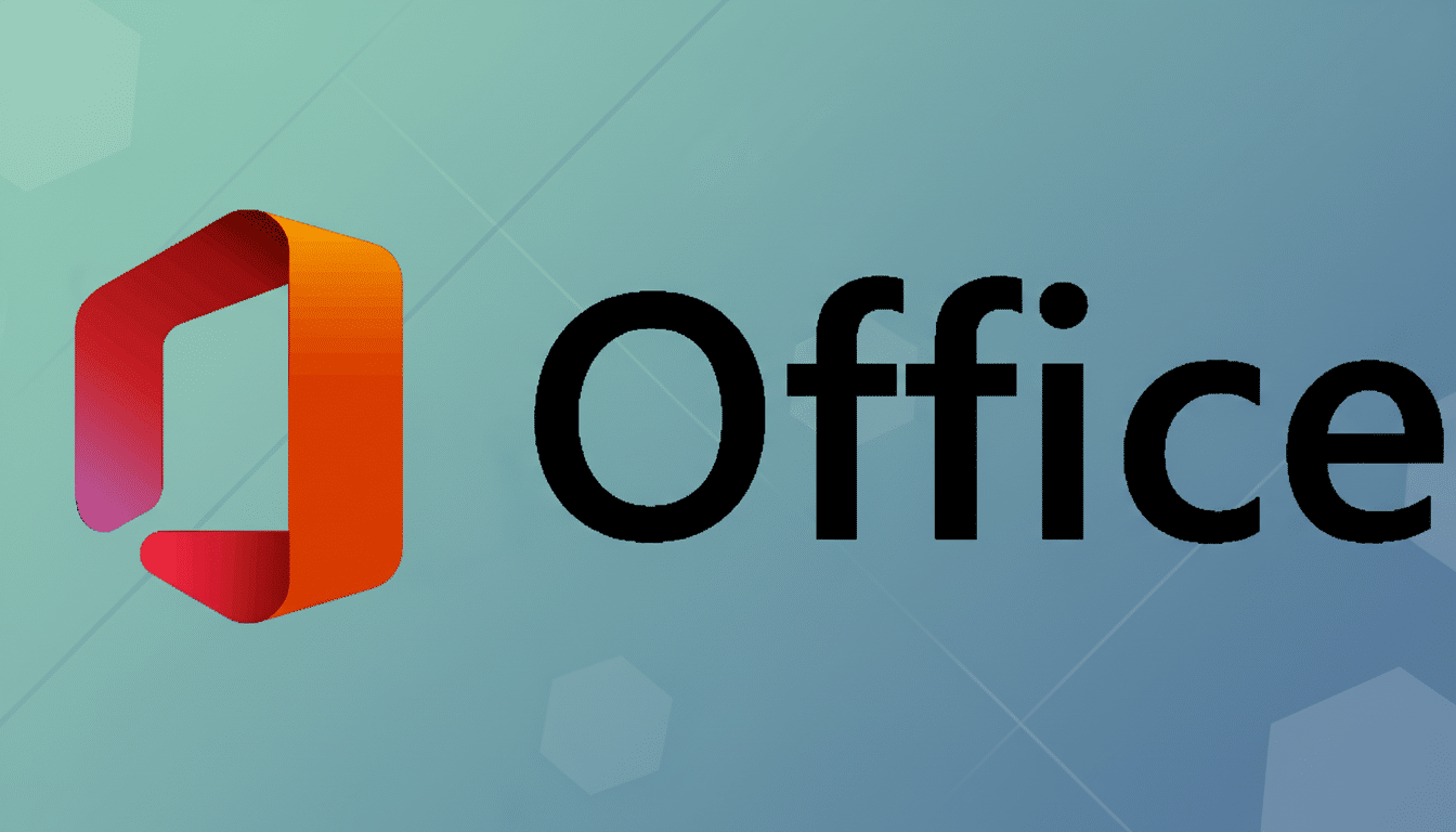 The Microsoft Office logo, featuring a colorful, folded hexagon design on the left and the word Office  in black text on the right, set against a professional blue - grey gradient background with subtle hexagonal patterns.