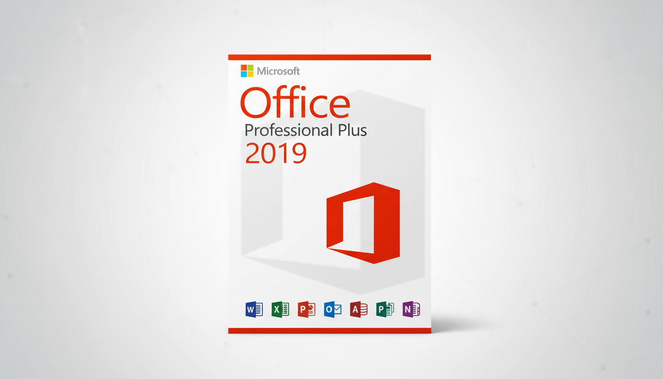 A Microsoft Office Professional Plus 2019 software box, centered on a professional flat design background with soft gray patterns, resized to a 16:9 aspect ratio.