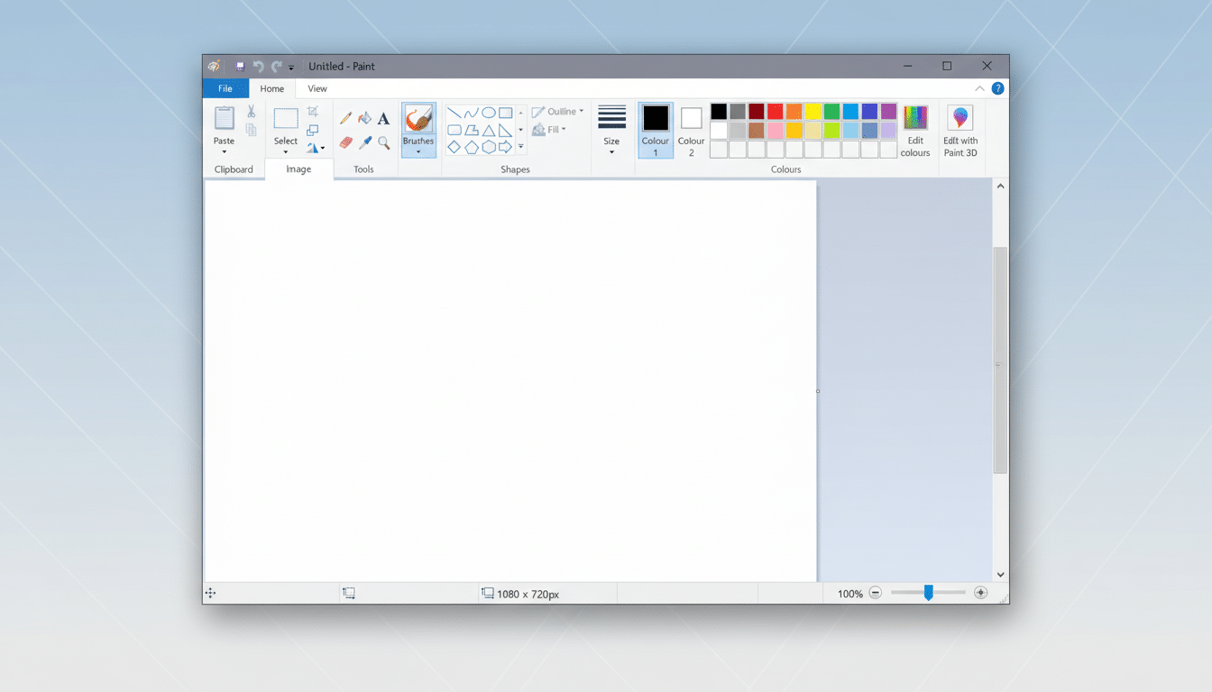 Screenshot of the Microsoft Paint application interface. The window shows a blank white canvas, with the familiar toolbar displaying options for file,