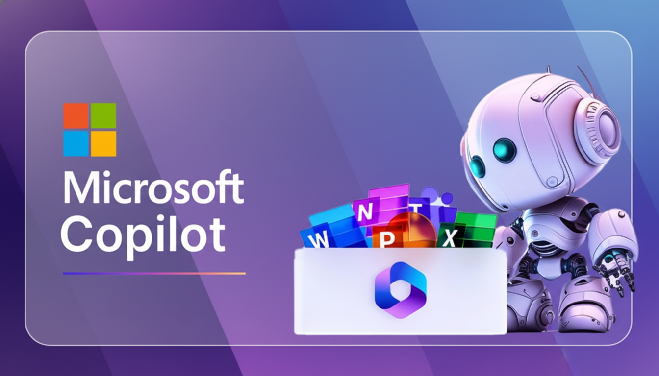 A 16:9 aspect ratio image featuring the Microsoft Copilot logo and text on the left, with a small white robot on the right next to a box containing various Microsoft 365 application icons. The background is a professional gradient of purple and blue.