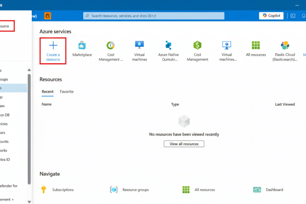 Screenshot of the Azure portal dashboard , highlighting the Create a resource option in the left navigation pane and as a central tile under Azure services.