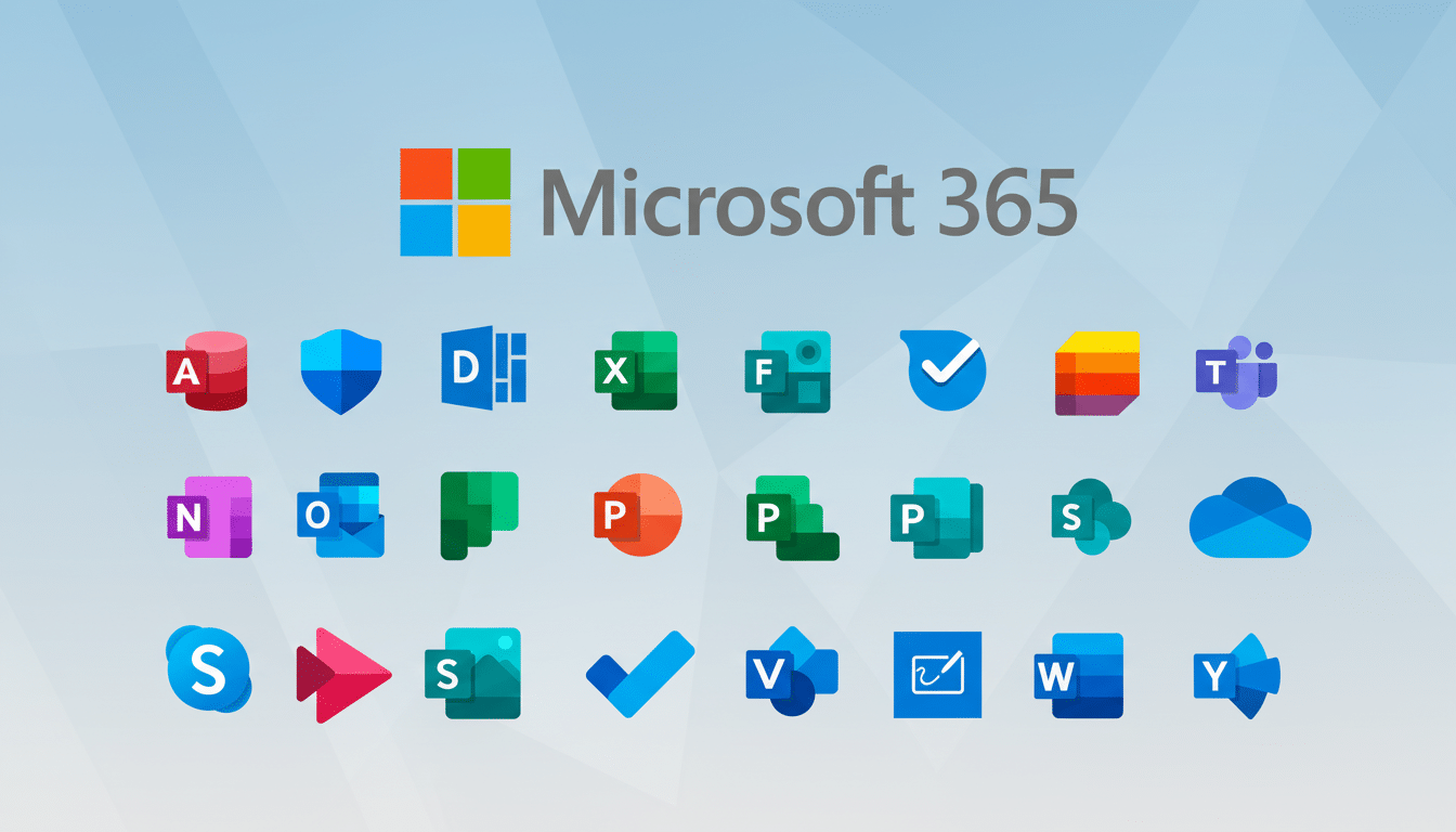 A professional depiction of the Microsoft 365 logo with various application icons displayed below it , set against a subtle gray and blue gradient background.