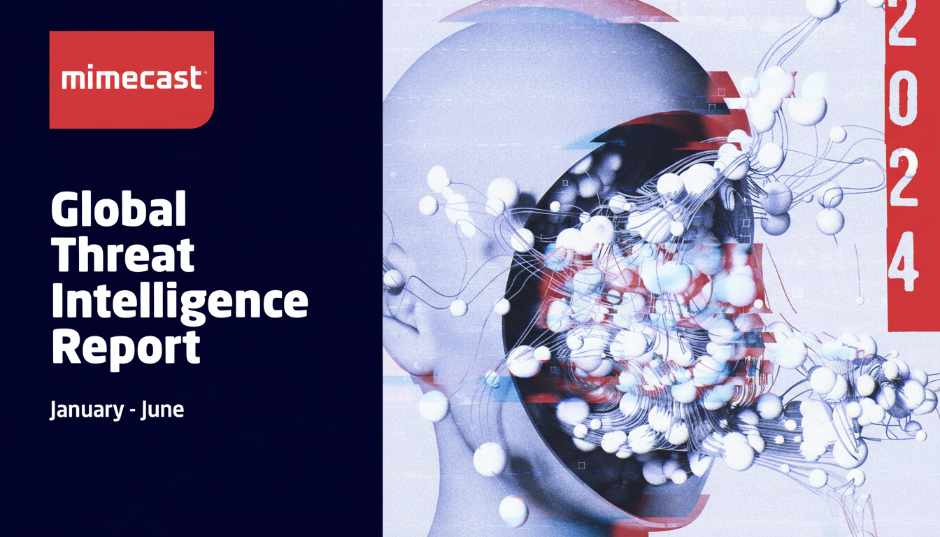 A professional image with a 16:9 aspect ratio, featuring the Mimecast logo and Global Threat Intelligence Report January - June text on a dark blue background. The right side displays a stylized human head with abstract white and blue spheres and lines emanating from it, and 2024 vertically on a red bar.