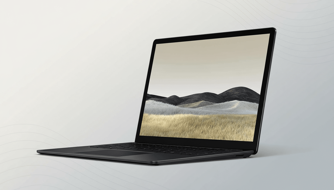 A black Microsoft Surface Laptop Studio with a landscape background on its screen, set against a professional grey background with subtle wave patterns.