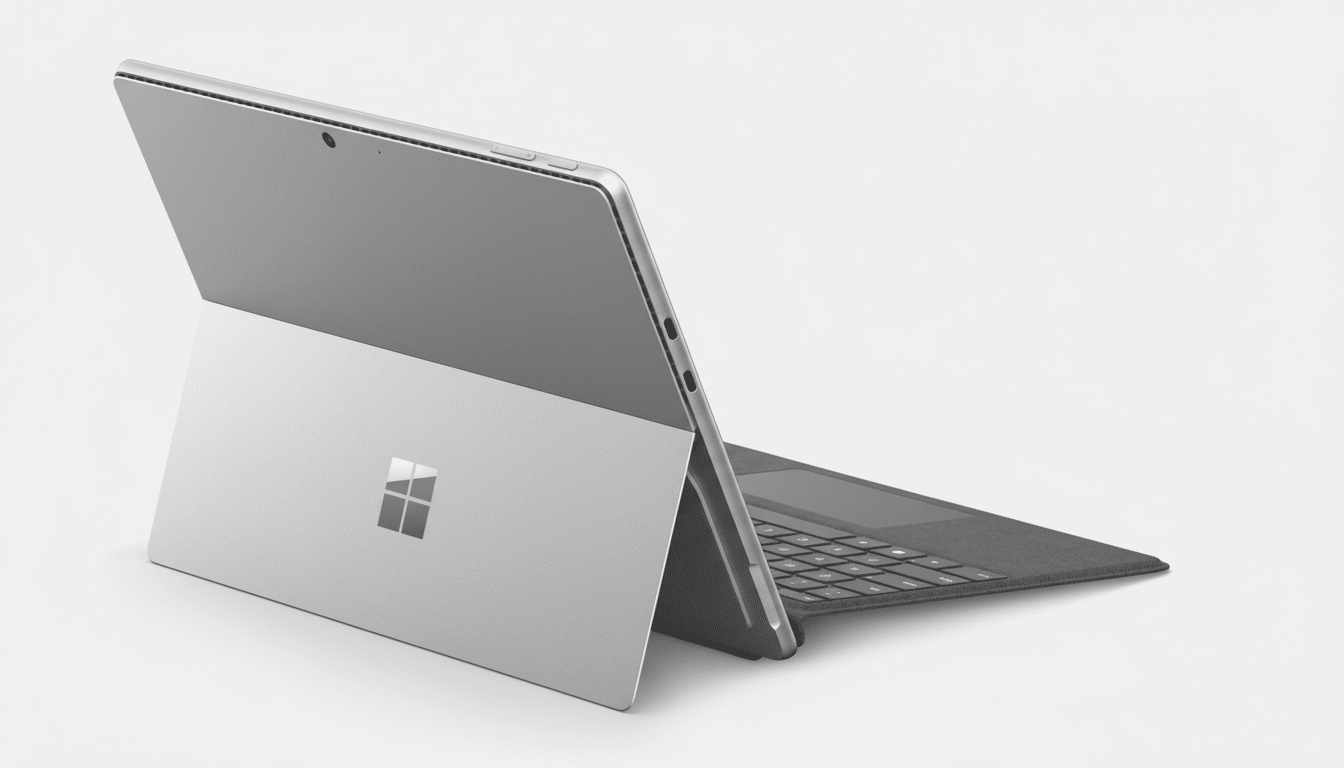 alt text: A silver Microsoft Surface Pro device with a dark gray keyboard cover, presented at an