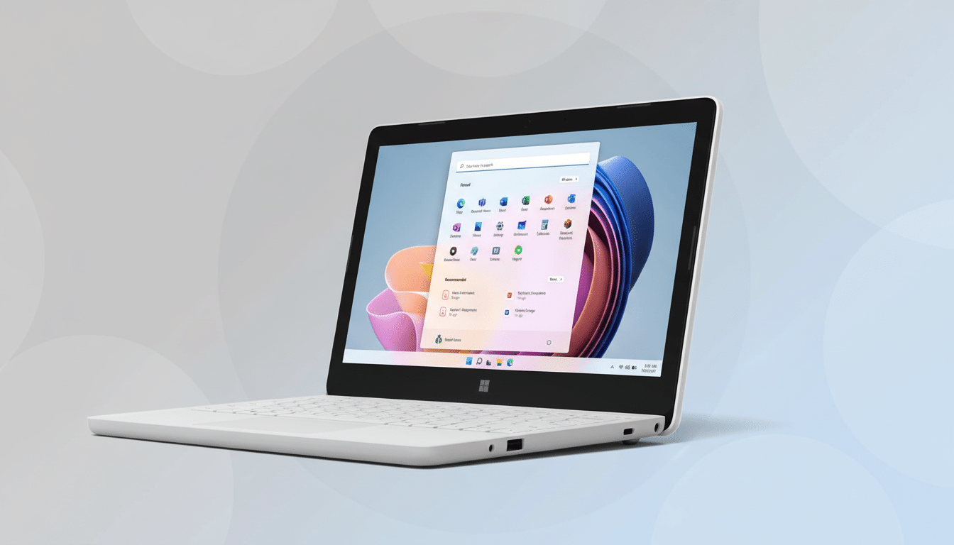 A white laptop with a minimalist design displays a colorful Windows operating system interface with app icons and a search bar, set against a subtle gray -blue gradient background with soft circular patterns. Filename : white laptopwindows interface. png