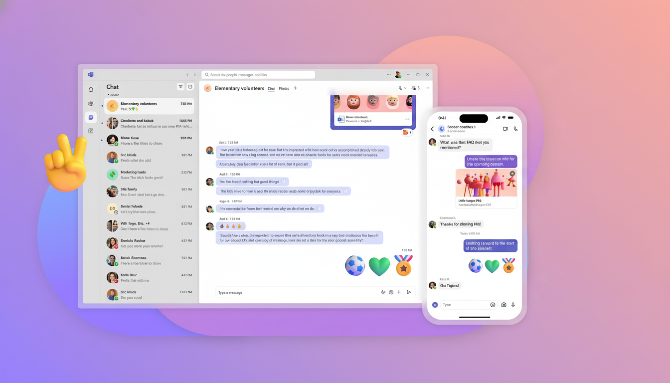 A professional, enhanced image of a desktop chat application and a mobile phone displaying a messaging app, both showing conversations related to Elementary volunteers and Soccer coaches. The background is a soft, professional gradient.