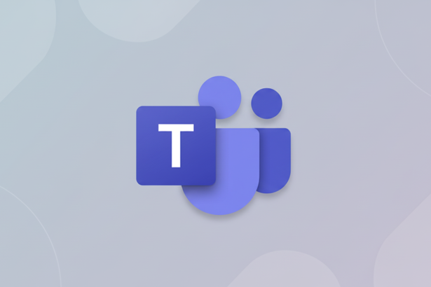 The Microsoft Teams logo, featuring a purple square with a white T and two stylized purple figures representing people, set against a professional light gray background with subtle, soft patterns.