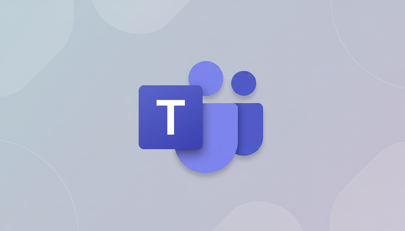The Microsoft Teams logo, featuring a purple square with a white T and two stylized purple figures representing people, set against a professional light gray background with subtle, soft patterns.