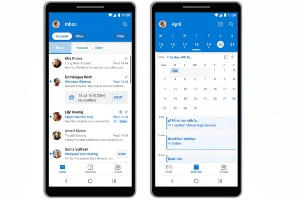 A professional image showcasing two mobile phone screens displaying email inbox and calendar applications.
