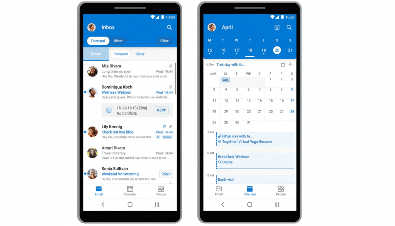 A professional image showcasing two mobile phone screens displaying email inbox and calendar applications.