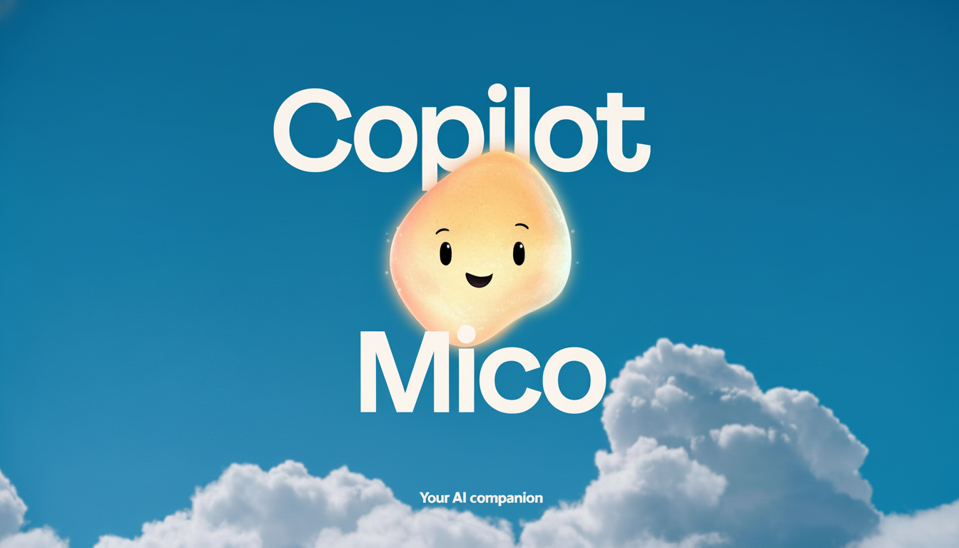The image features a friendly, glowing, light orange, blob-like character with a smiling face, positioned between the words "Copilot" and "Mico" in white text. Below "Mico," smaller white text reads "Your AI companion." The background is a clear blue sky with fluffy white clouds visible at the bottom. The overall aspect ratio is 16:9.