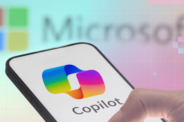 A hand holding a smartphone displaying the Microsoft Cop ilot logo with a blurred Microsoft logo in the background.