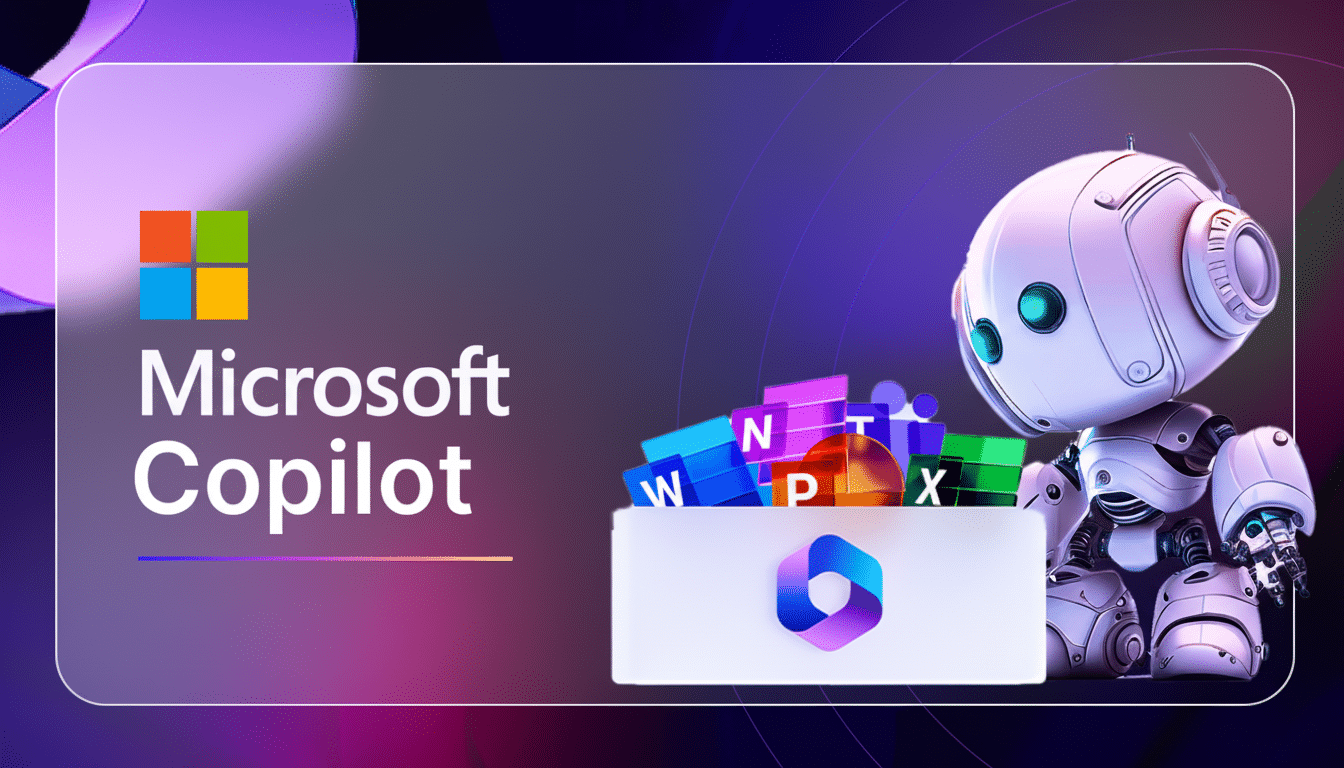Microsoft Cop ilot logo with a robot presenting various Microsoft Office application icons.
