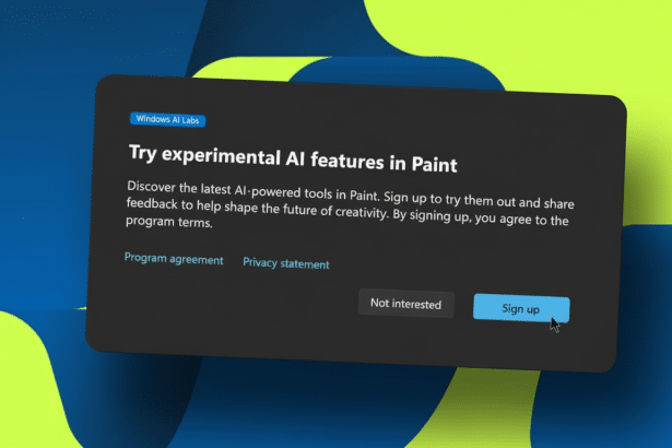 A dark pop -up window on a bright green and blue abstract background, inviting users to Try experimental AI features in Paint from Windows AI Labs. There are Not interested and Sign up buttons , with a mouse cursor hovering over Sign up.